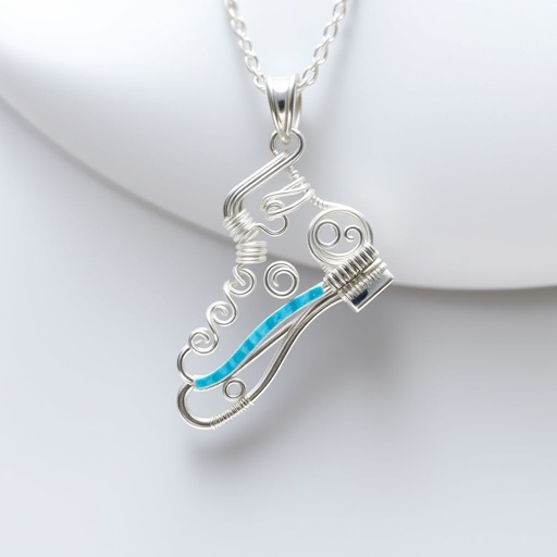 Silver Pendant shape one ice skate with turquoise stripe inside the low thin part blade