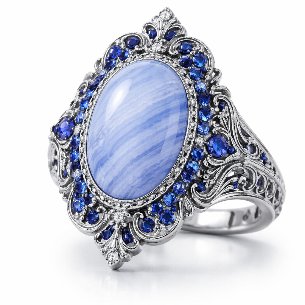 Make me a ring with blue lace agate in the middle and have a royal blue as the accents. Silver too. Make it look noble. Ouji aesthetic
