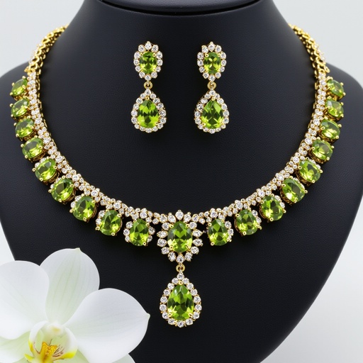 Necklace and earring with peridot and diamond with gold