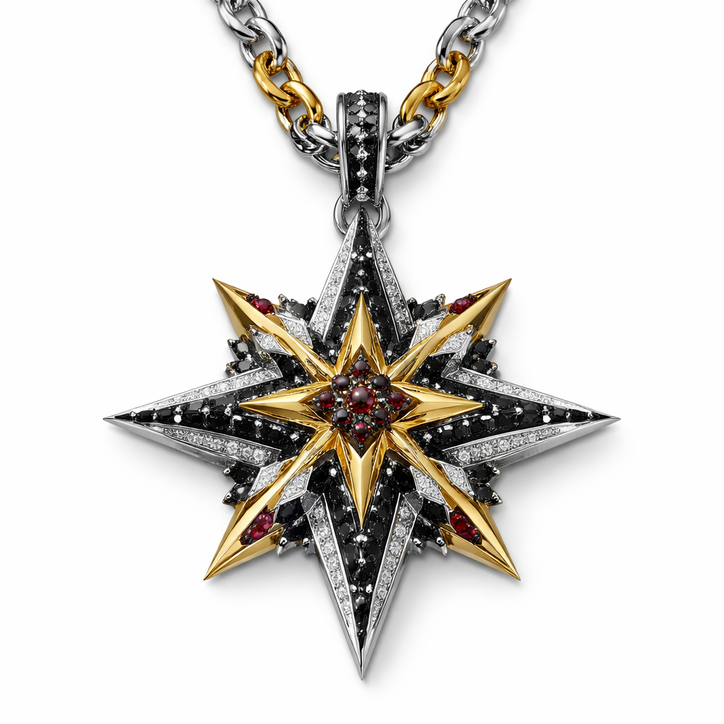 Unique modern edgy pendant with chain for men of Unique design of edges and bold shapes of nice unique star with black diamonds and white diamonds of white background combined with yellow and white gold with red small stones to make more artistic
