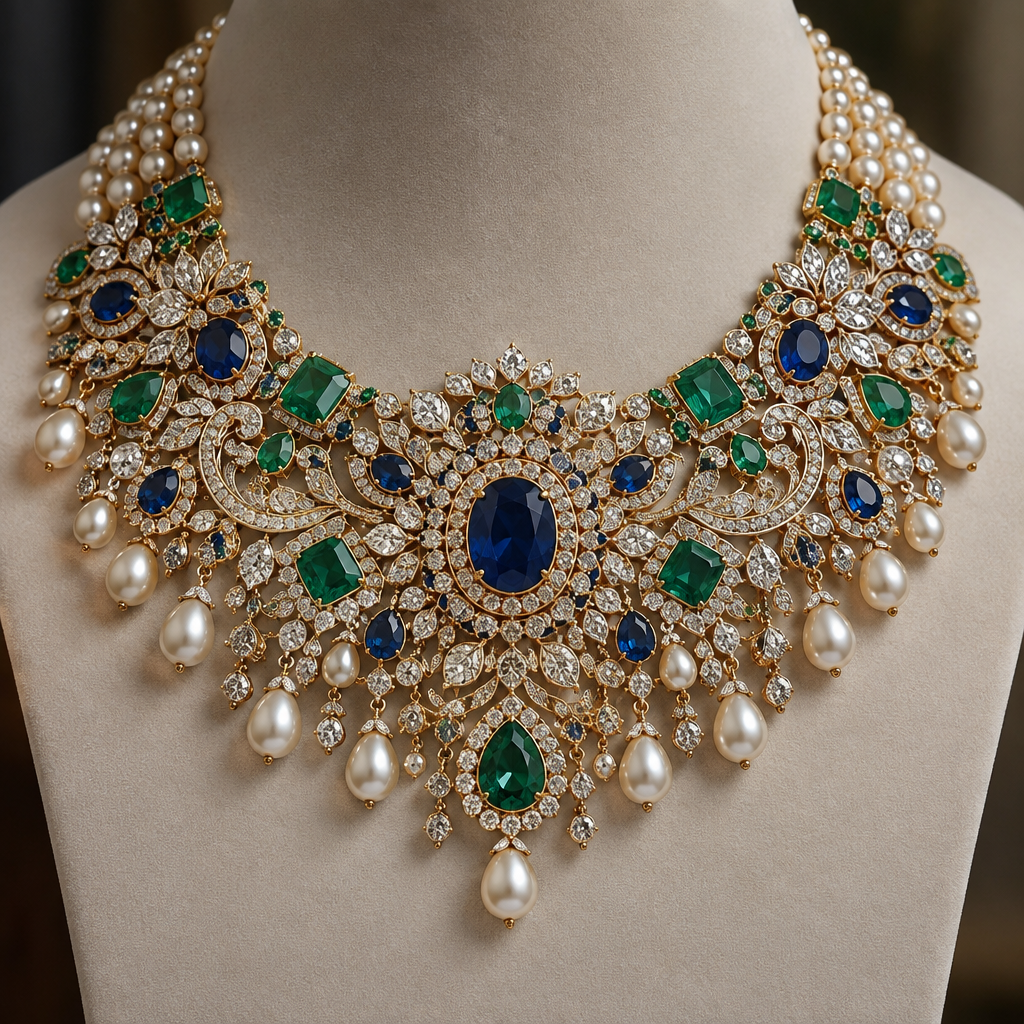 A pearl-adorned women's necklace made of gold with sapphire and emerald and diamond stones suitable for wedding, highly ornate, intricate and elaborate, richly detailed
photorealistic jewelry design, A pearl-adorned women's necklace made of gold with sapphire and emerald and diamond stones suitable for wedding, highly ornate, intricate and elaborate, richly detailed, pearl_adorned style, just the design no text