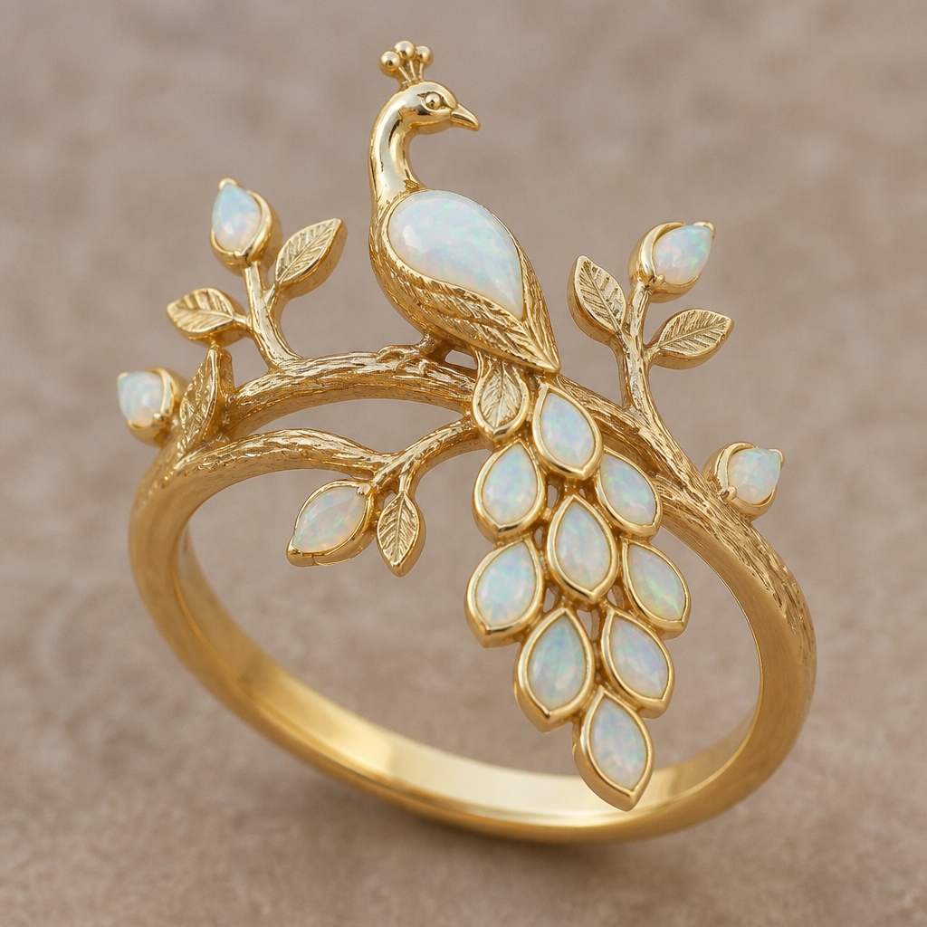 A classic women's ring made of gold with opal stones suitable for daily wear. a peacock design sitting in tree
photorealistic jewelry design, A classic women's ring made of gold with opal stones suitable for daily wear. a peacock design sitting in tree, classic style, just the design no text