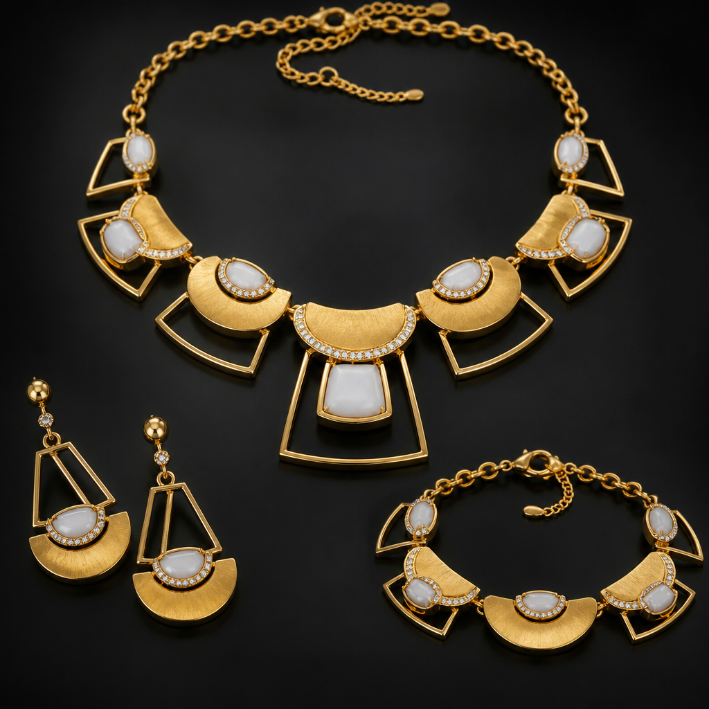 Prompt: Full jewelry suite made of authentic 21 karat gold. The set consists of a necklace, earrings, and a bracelet. Creative design blending semicircular gold plates with hollow geometric frames. Adorned with polished white agate and small sparkling white stones. High detail, luxury jewelry design, cinematic lighting, sharp focus on the textures of gold and white stones, isolated on a dark luxury background.
photorealistic jewelry design, Prompt: Full jewelry suite made of authentic 21 karat gold. The set consists of a necklace, earrings, and a bracelet. Creative design blending semicircular gold plates with hollow geometric frames. Adorned with polished white agate and small sparkling white stones. High detail, luxury jewelry design, cinematic lighting, sharp focus on the textures of gold and white stones, isolated on a dark luxury background., african style, just the design no text