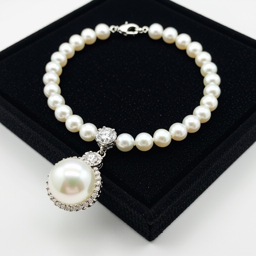 A pearl necklace with a large diamond on its end. 