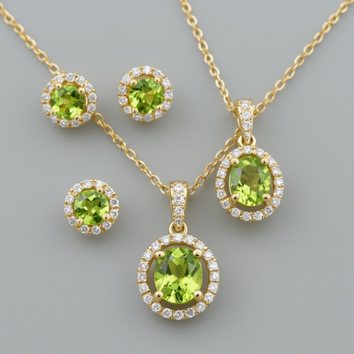 Necklace and earring with peridot and diamond with gold