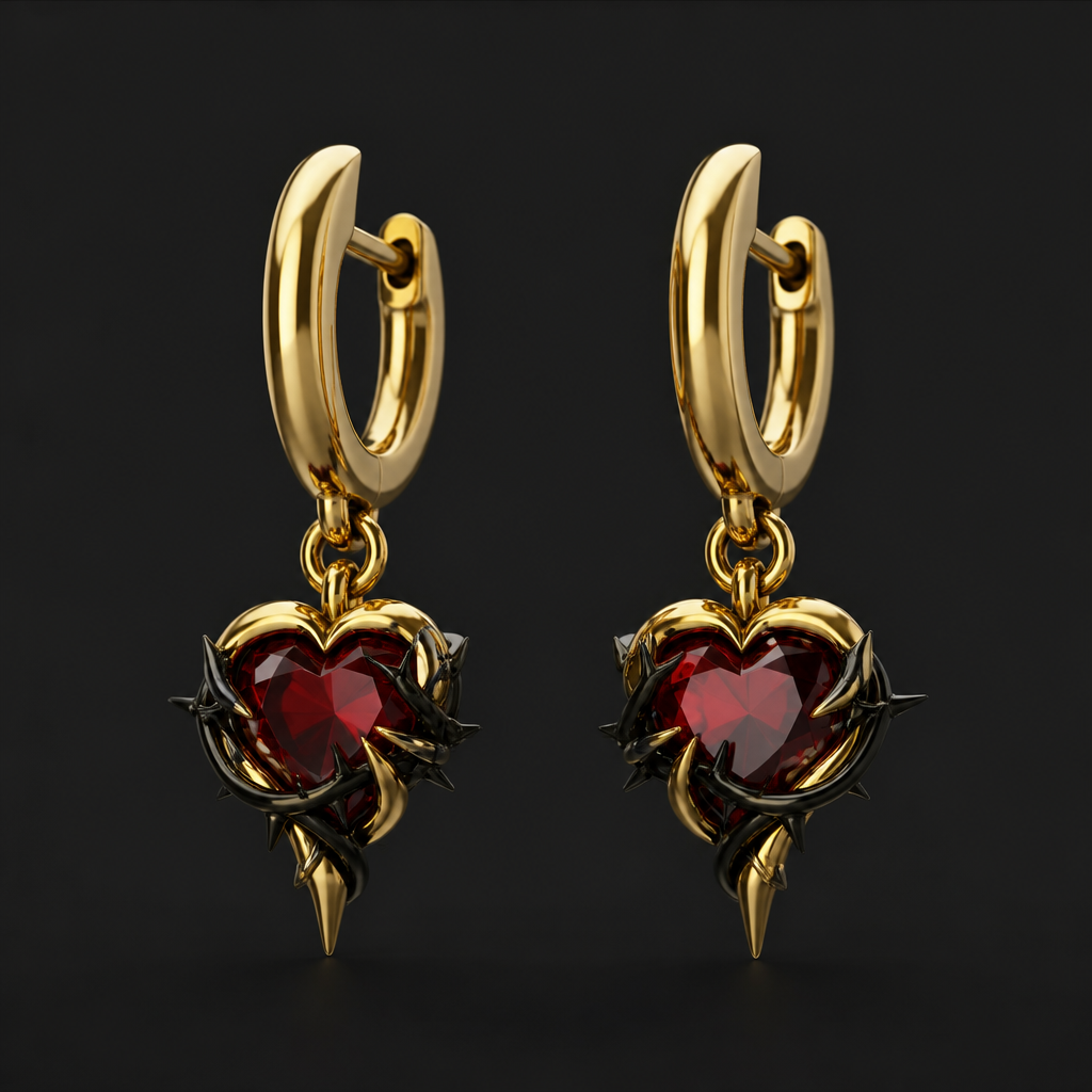 A women's ring. gold earrings with Ruby rock, heart with black thorns holding it into the gold.