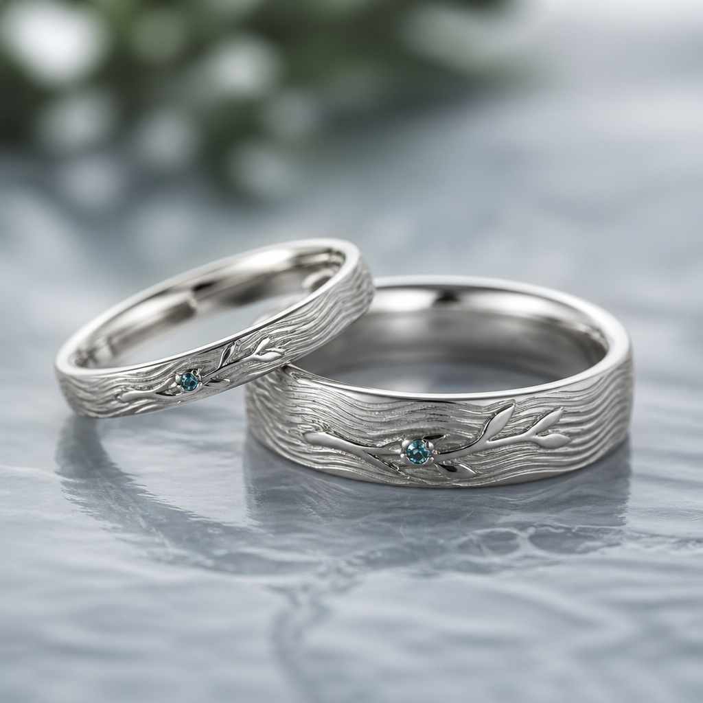 A women's ring. практичные обручальные кольца из белого золота,с 6еобычной текстурой дерева,фактурой воды/волн и веточки над водой тонкие,но что бы поместилась гравировка,кольцо мужчины должно быть чуть шире женского.иметь небольшой камень зелено-голубого или голубого цвета,необычные уходя в стиль эльфов и роскоши
photorealistic jewelry design, A women's ring. практичные обручальные кольца из белого золота,с 6еобычной текстурой дерева,фактурой воды/волн и веточки над водой тонкие,но что бы поместилась гравировка,кольцо мужчины должно быть чуть шире женского.иметь небольшой камень зелено-голубого или голубого цвета,необычные уходя в стиль эльфов и роскоши, modern style, just the design no text