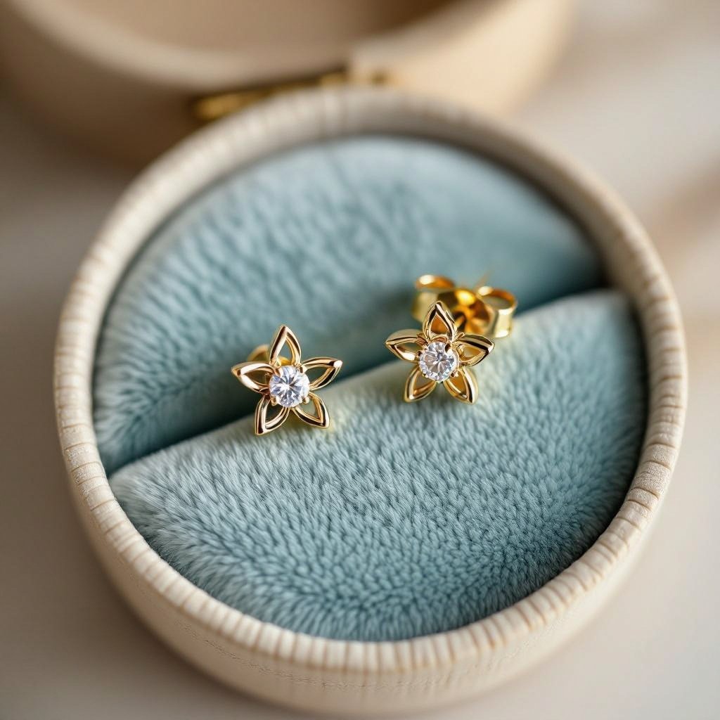 Пусеты винтовой замок маленький лотос плоский с маленьким фианитом по центру