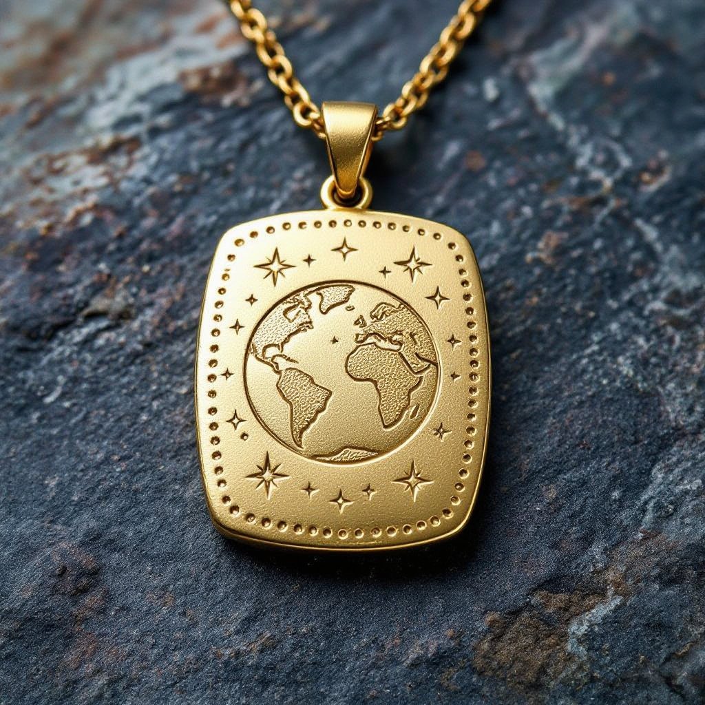 Золотой матовый медальон в форме неровного прямоугольника с округлыми краями. По краям выпуклые точки сплошной линией. На прямоугольнике разные мелкие узоры вырезаны. Символически изображена земля и звезды