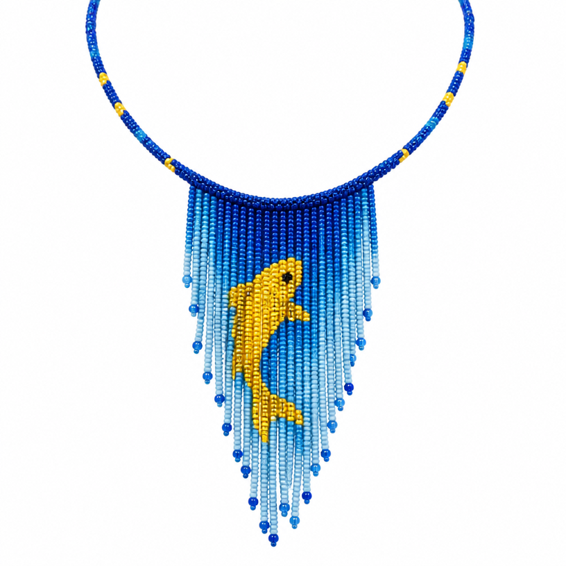 A tribal women's necklace suitable for daily wear. a single line beaded necklace with a waterfall of blue seed beads with a yellow carp jumping up.
using the attached image as a visual reference, create A tribal women's necklace suitable for daily wear. a single line beaded necklace with a waterfall of blue seed beads with a yellow carp jumping up.. photorealistic, just the design no text