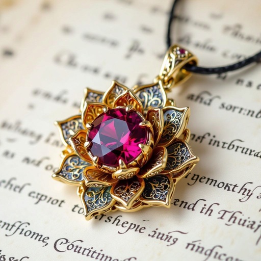 Lotus-shaped pendant with gold-colored crystal inside