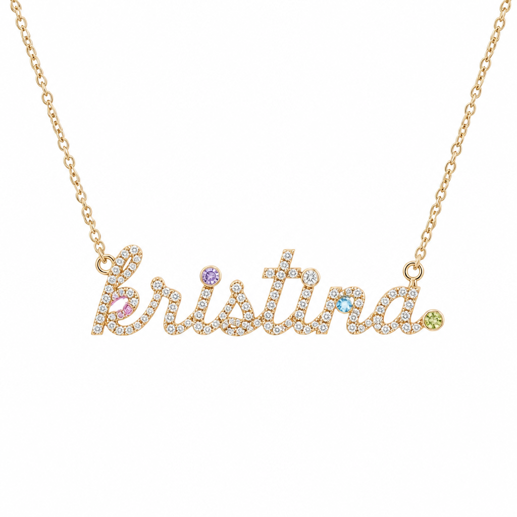 centered necklace with name "kristina" with light colored gemstones and some diamonds in gold setting
photorealistic jewelry design, centered necklace with name "kristina" with light colored gemstones and some diamonds in gold setting, just the design no text