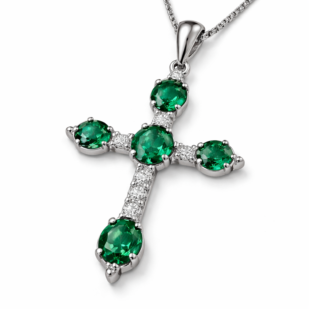 Circle cut emerald cross, white gold, simple accent diamonds, elegant and timeless