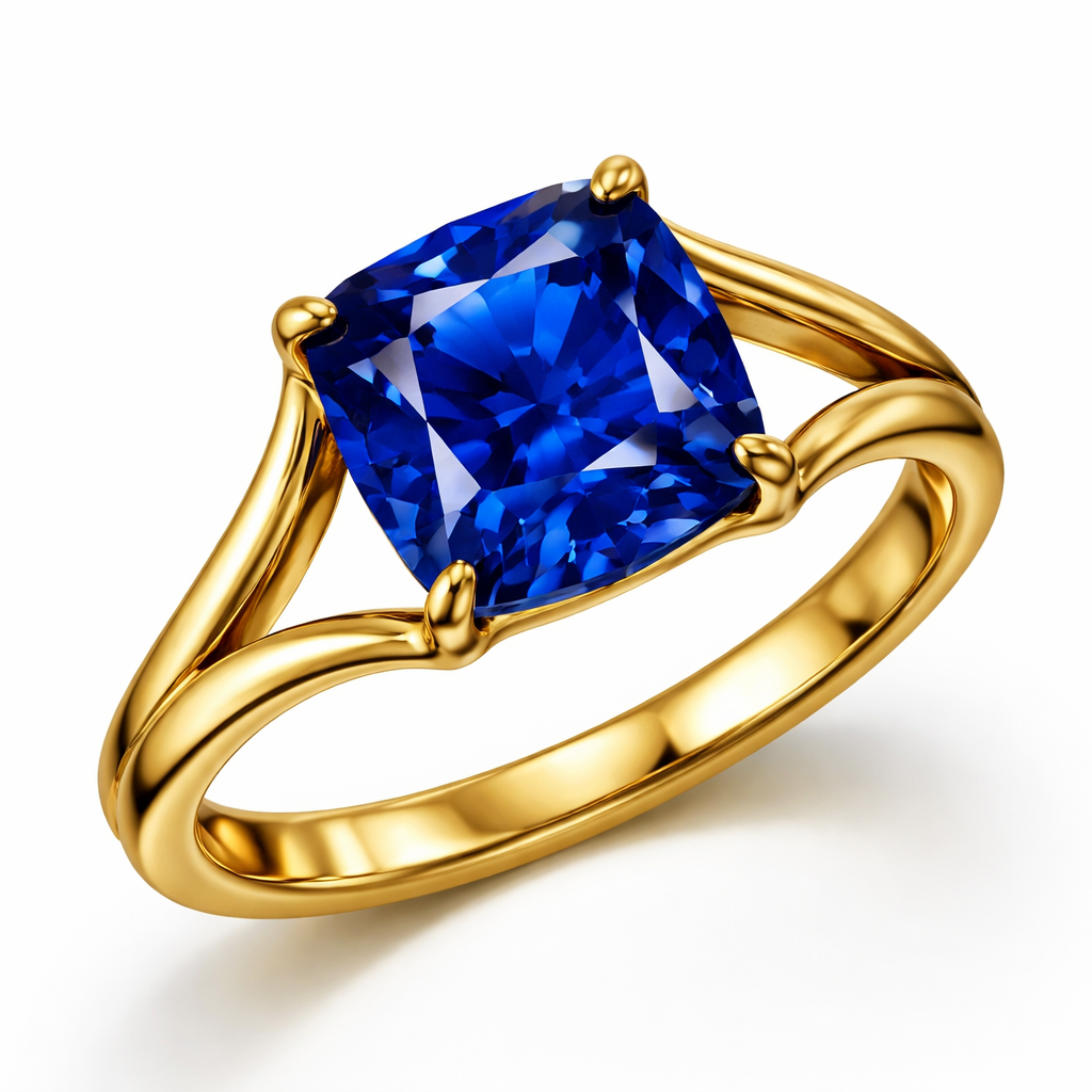 4 carat cushion sapphire royal blue ring in any design in yellow gold only and with no additional diamonds, something sexy, provocative and bright , something for a young woman that knows what she wants and everyone envy’s her , show me picture without finger just ring