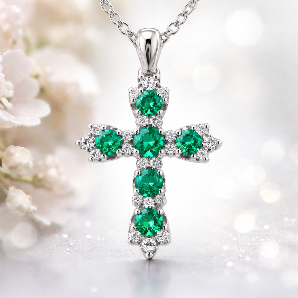 Simple Small rounded Emerald cross with accent diamonds, prong set stones