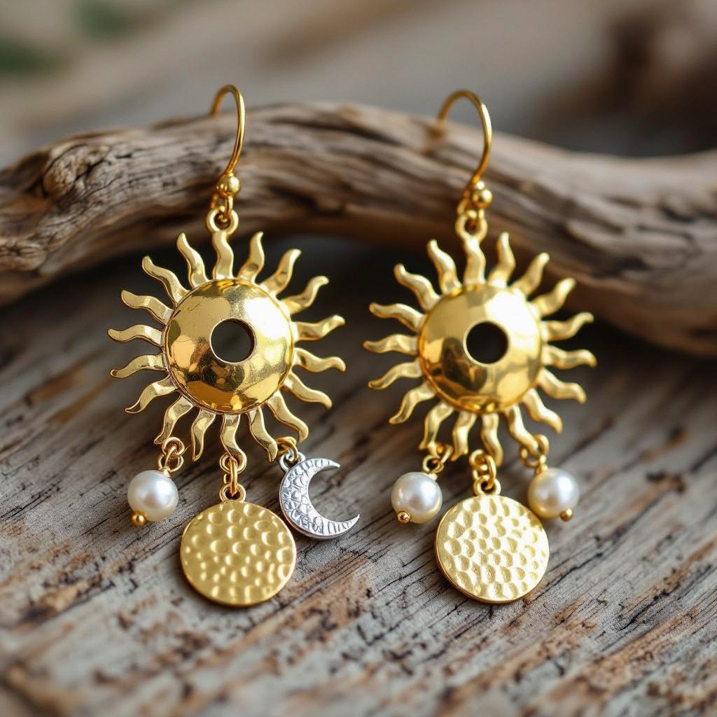 Золотые серьги словно мятое золото в форме горящего солнца с волнистыми лучами, в центре солнца круглая дыра. крепится к застежке серьги. К нижней части солнца крепятся подвески: миниатюрная серебристая луна, очень маленький жемчуг и маленький золотой кружочек с мятым эффектом плоский