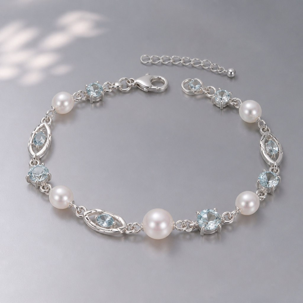 A modern women's bracelet with pearl and aquamarine stones suitable for gift
photorealistic jewelry design, A modern women's bracelet with pearl and aquamarine stones suitable for gift, modern style, just the design no text