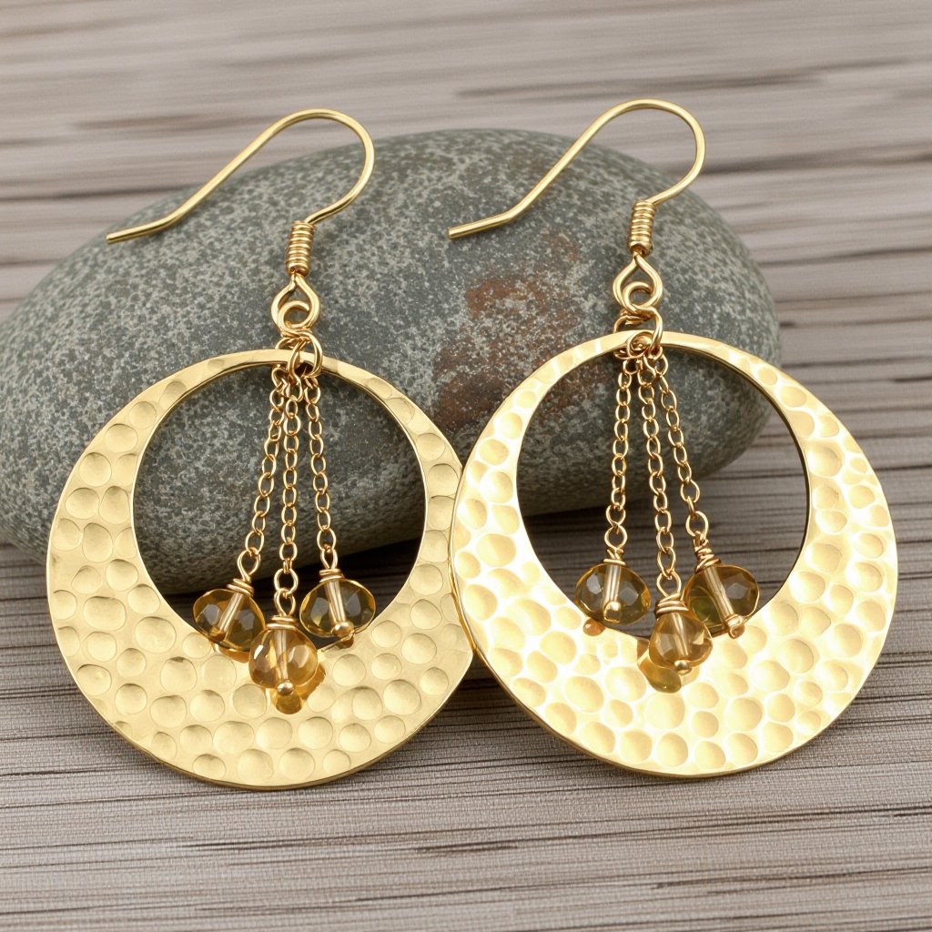 Золотые серьги словно мятое золото в форме узкого изящного полумесяца. Верхушка полумесяца крепится к застежке серьги.  От полумесяца идет три цепочки, у каждой на конце мелкий камушек цитрин