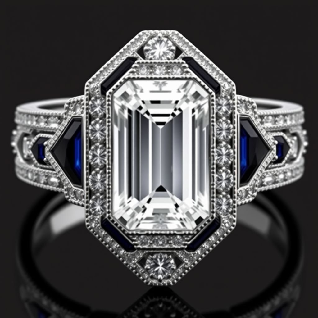 engagememt ring
Design an exquisite Art Deco engagement ring, featuring an elongated emerald-cut diamond at its center, framed by geometric patterns of sparkling baguette and round-cut diamonds. Incorporate bold onyx and deep sapphire accents within the platinum milgrain band. The ring should exude the glamour and elegance typical of the 1920s Art Deco era.