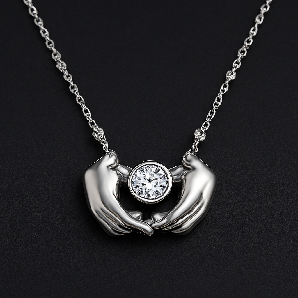 Silberne dünne Kette mit kleinen Diamenten, 2Hände die sich am kleinen Finger festhalten als Anhänger und in der Mitte in Rund gefasst ein weißer Diamant