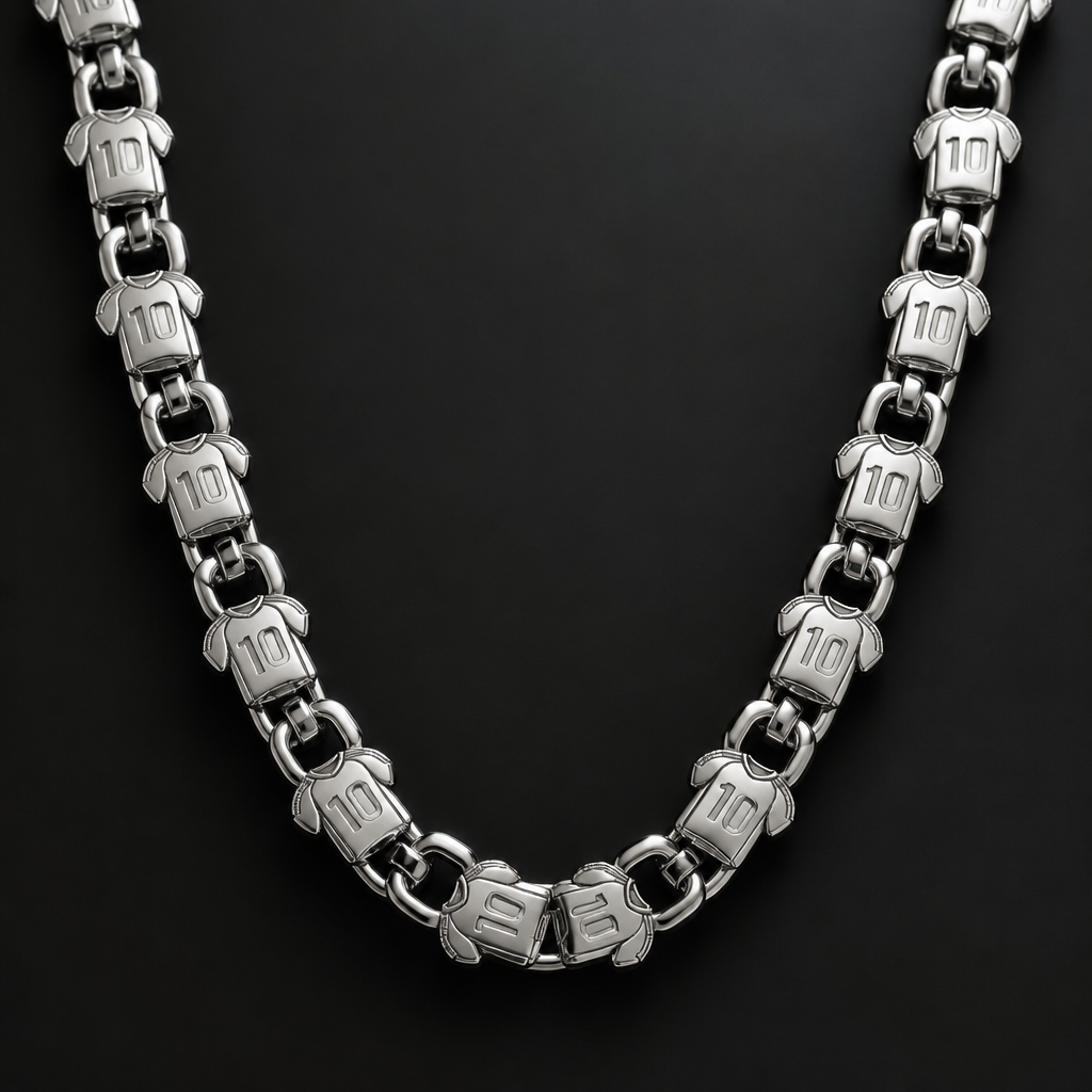 A chain men's necklace made of silver. una cadena gruesa y que en cada eslavon sea una camisola de futbol con el numero 10
photorealistic jewelry design, A chain men's necklace made of silver. una cadena gruesa y que en cada eslavon sea una camisola de futbol con el numero 10, chain style, just the design no text
