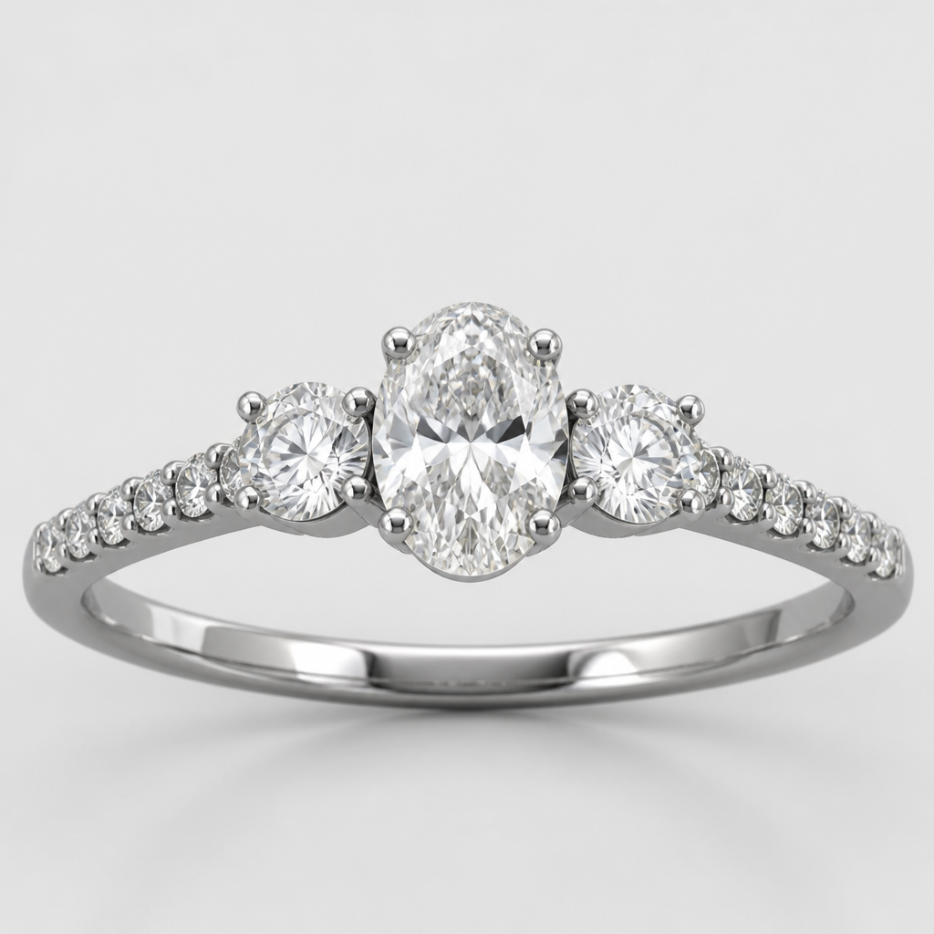 A modern women's ring made of white gold with diamond stones suitable for engagement. My oval is a 1.20 center on either side. I want a 3/4 round solitaire on the other sides of the solitaires. I want five smaller diamonds on each side of the round solitaires
photorealistic jewelry design, A modern women's ring made of white gold with diamond stones suitable for engagement. My oval is a 1.20 center on either side. I want a 3/4 round solitaire on the other sides of the solitaires. I want five smaller diamonds on each side of the round solitaires, modern style, just the design no text
