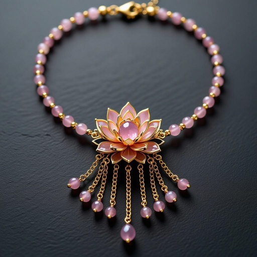 Цепочка из золота с золотыми мелкими шариками и мелкими из мелкого розового кварца посредине лотос от лотоса идут цепочки золотые вниз