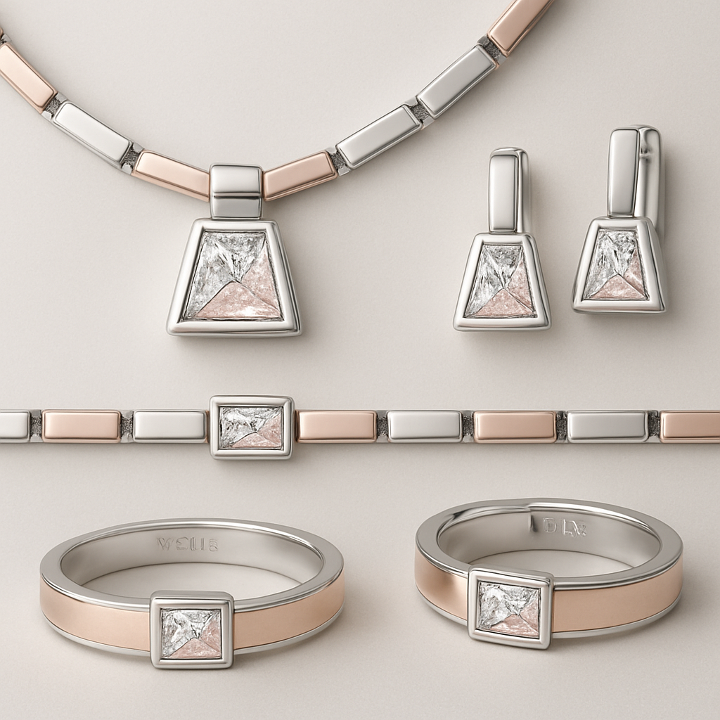 Eckige Kette und Armband und Ohrringe und Ring 1cm breit in silber-rosé Front gemischt mit einem Diamanten in Form eines Trapez in weiß und rosa alle Gravur VeMa innen