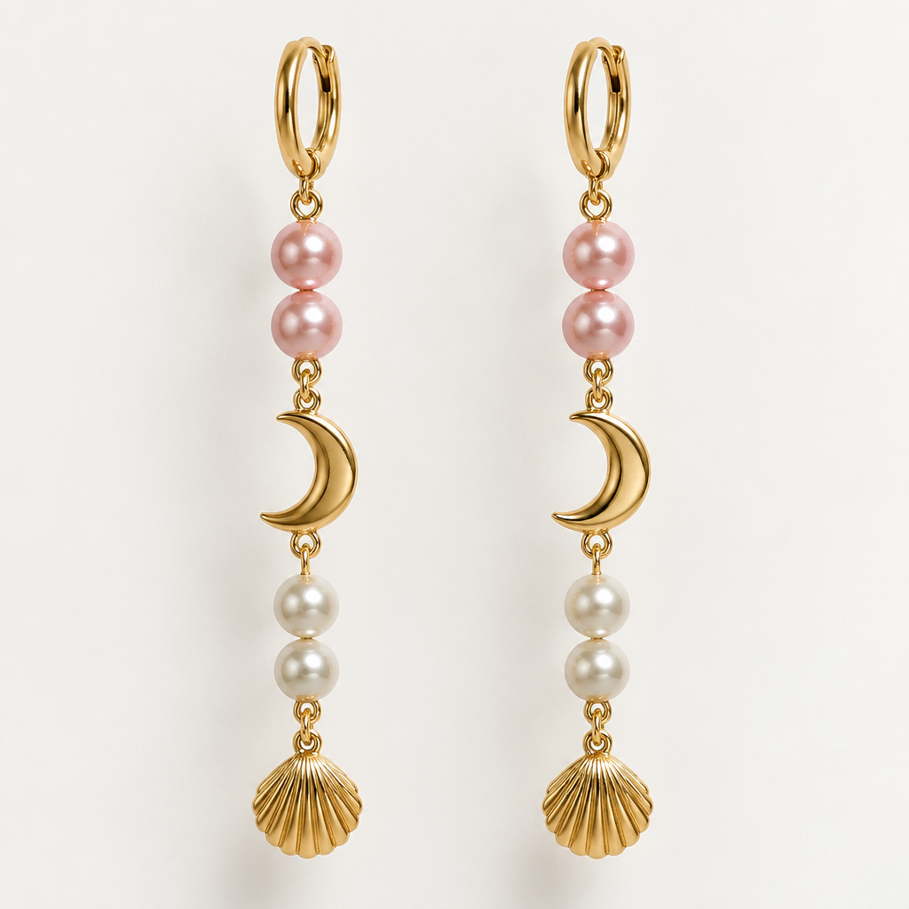 Some gold earrings with a small hoop at the top and then two pink pearls and then a gold moon charm and then two white pearls and then a gold clam at the end
photorealistic jewelry design, Some gold earrings with a small hoop at the top and then two pink pearls and then a gold moon charm and then two white pearls and then a gold clam at the end, just the design no text