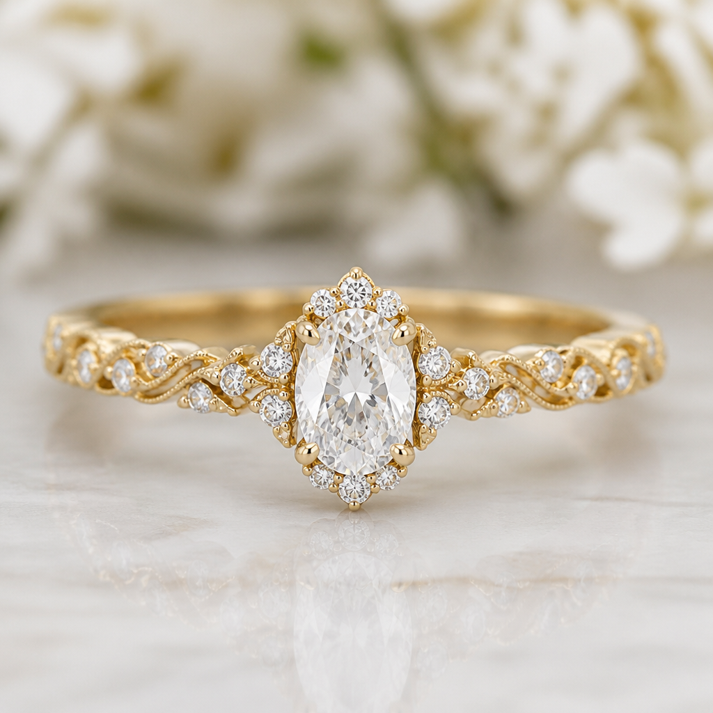 A minimalist women's ring with diamond stones suitable for wedding, highly ornate, intricate and elaborate, richly detailed. A 0.70-carat oval diamond is used as the center stone.
photorealistic jewelry design, A minimalist women's ring with diamond stones suitable for wedding, highly ornate, intricate and elaborate, richly detailed. A 0.70-carat oval diamond is used as the center stone., minimalist style, just the design no text