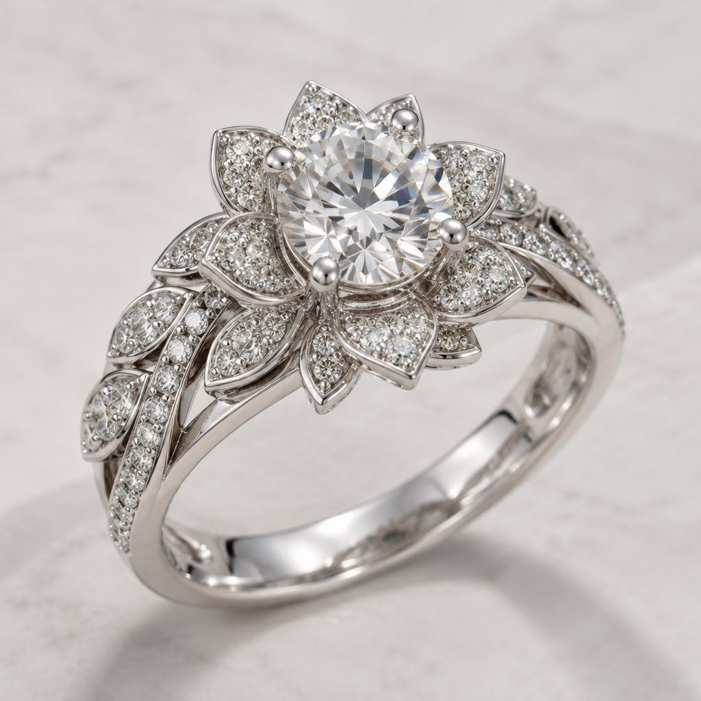 A modern women's ring made of silver with diamond stones suitable for engagement, detailed and decorative, moderately ornate. bague fleurie avec un Beau diamant laboratoire 2 carats
photorealistic jewelry design, A modern women's ring made of silver with diamond stones suitable for engagement, detailed and decorative, moderately ornate. bague fleurie avec un Beau diamant laboratoire 2 carats, modern style, just the design no text
