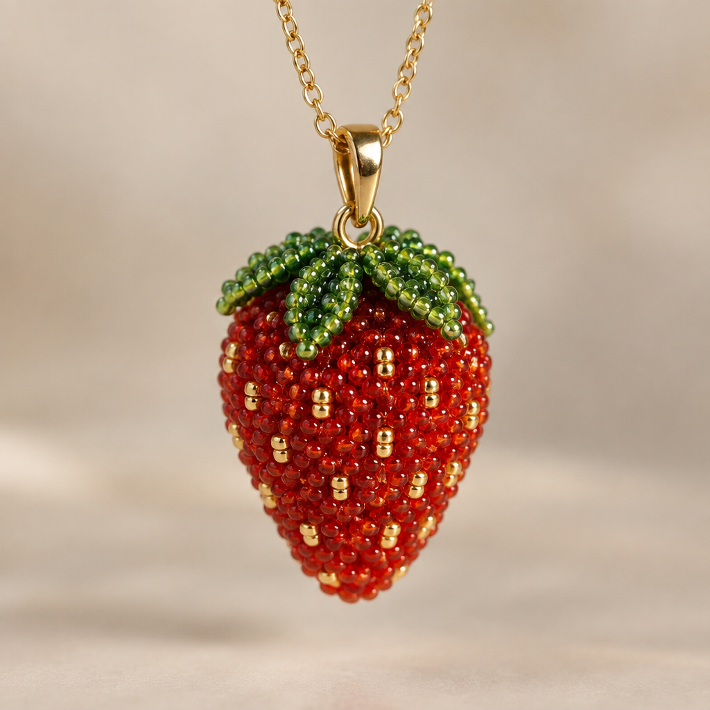 A women's ring. devo creare un ciondolo a forma di fragola utilizzando la tecnica del beaded crochet
photorealistic jewelry design, A women's ring. devo creare un ciondolo a forma di fragola utilizzando la tecnica del beaded crochet, modern style, just the design no text