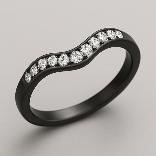 Wedding band black with moissanite stones that curves 