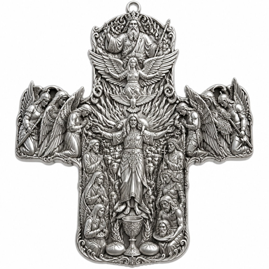 A sculptural women's pendant made of silver suitable for festival. An extraordinary excellent beautiful delicate and elegant, super modern Cross, without stones, without background only the Cross, with Jesus Christ as the Good Shepherd with a beautiful delicate and elegant face, with long hair, with a beautiful delicate elegant and fit body, with His hands wide open to receive all of us, with a beautiful delicate elegant and beautifully ornated tunic, with a beautiful delicate and elegant sheep on His shoulders, with a beautiful delicate and elegant flock of beautiful delicate and elegant sheep backward of Him. Over Jesus Christ and the flock to be placed the Holy Spirit as an Angel with a beautiful delicate and elegant face, with long hair, with big wings flying, with a beautiful delicate elegant and fit body, with a beautiful delicate elegant and beautifully ornated tunic under the Angel to be placed a beautiful delicate and elegant dove flying both of them the Angel and the dove to be surrounded by tongues of fire radiating light to Jesus Christ and the flock. Over the Holy Spirit to be placed God the Father with a beautiful delicate and elegant face, with long hair, with a beautiful delicate elegant and fit body, with a beautiful delicate and elegant tunic, with a beautiful delicate and elegant sceptre at His left hand blessing the world with His right hand, with a beautiful delicate elegant and beautifully ornated crown on His head. At the bottom of the Cross to be placed the Holy Communion with a beautiful delicate elegant and beautifully ornated chalice and two breads around the chalice. At the lower right side of the Cross to be stacked one by one Saint John the Baptist with a beautiful delicate elegant and beautifully ornated platter with his head on it. Over Saint John the Baptist to be placed Saint Constantine with a beautiful delicate and elegant face, with long hair, with a beautiful delicate and elegant crown on his head, with a beautiful delicate elegant and fit body, with a beautiful delicate and elegant armour holding a beautiful delicate elegant and beautifully ornated Cross. Over Saint Constantine to be placed Saint George with a beautiful delicate and elegant face, with long hair, with a beautiful delicate elegant and beautifully ornated helmet with a beautiful delicate elegant and fit body, with a beautiful delicate elegant and beautifully ornated armour, holding a beautiful delicate and elegant sword with his right hand at low position and near the floor giving respect to the Holy Trinity and Praying. Over Saint George to be placed Saint Peter the Apostle Praying. At the left lower side of the Cross to be placed stacked Saint Paraskevi with a beautiful delicate and elegant face, with long hair, with a beautiful delicate elegant and beautifully curved body, with a beautiful delicate elegant and beautifully ornated tunic holding a bowl with two eyes in it. Over Saint Paraskevi to be placed Saint Irene with a beautiful delicate and elegant face, with long hair, with a beautiful delicate elegant and beautifully ornated wreath on her head, with a beautiful delicate elegant and beautifully curved body, with a beautiful delicate elegant and beautifully ornated tunic Praying. Over Saint Irene to be placed Virgo Maria with a beautiful delicate and elegant face, with beautifully ornated long hair, with a beautiful delicate elegant and beautifully curved body, with a beautiful delicate elegant and beautifully ornated tunic Praying. Over Virgo Maria to be placed Saint Paul the Apostle Praying. At the right side of the Cross to be placed Saint Michael the Archangel with a beautiful delicate and elegant face, with long hair, with a beautiful delicate elegant and beautifully ornated helmet, with a beautiful delicate elegant and fit body, with big wings flying, with a beautiful delicate elegant and beautifully ornated armour, holding His beautiful delicate elegant and beautifully ornated sword low to the ground giving respect to the Holy Trinity and Praying. In front of Saint Michael the Archangel to be placed Saint Gabriel the Archangel with a beautiful delicate and elegant face, with long hair, with a beautiful delicate elegant and beautifully ornated helmet on His head, with a beautiful delicate elegant and fit body, with big wings flying, with a beautiful delicate elegant and beautifully ornated armour, holding a beautiful delicate elegant and beautifully ornated bucket of lilyes and Praying. At the left side of the Cross to be placed Saint Rafael the Archangel with a beautiful delicate and elegant face, with long hair, with a beautiful delicate elegant and beautifully ornated helmet, with a beautiful delicate elegant and fit body, with big wings flying, with a beautiful delicate elegant and beautifully ornated armour, holding a beautiful delicate elegant and beautifully ornated sword with his right hand low giving respect to the Holy Trinity and Praying. In front of Saint Rafael the Archangel to be placed the Guardian Angel with a beautiful delicate and elegant face, with long hair, with a beautiful delicate elegant and beautifully ornated with flowers wreath on His head, with a beautiful delicate elegant and fit body, with a beautiful delicate elegant and beautifully ornated tunic Praying. Make all the Angels, the Saints, God the Father, the Holy Spirit and Jesus Christ and the flock as statues.
photorealistic jewelry design, A sculptural women's pendant made of silver suitable for festival. An extraordinary excellent beautiful delicate and elegant, super modern Cross, without stones, without background only the Cross, with Jesus Christ as the Good Shepherd with a beautiful delicate and elegant face, with long hair, with a beautiful delicate elegant and fit body, with His hands wide open to receive all of us, with a beautiful delicate elegant and beautifully ornated tunic, with a beautiful delicate and elegant sheep on His shoulders, with a beautiful delicate and elegant flock of beautiful delicate and elegant sheep backward of Him. Over Jesus Christ and the flock to be placed the Holy Spirit as an Angel with a beautiful delicate and elegant face, with long hair, with big wings flying, with a beautiful delicate elegant and fit body, with a beautiful delicate elegant and beautifully ornated tunic under the Angel to be placed a beautiful delicate and elegant dove flying both of them the Angel and the dove to be surrounded by tongues of fire radiating light to Jesus Christ and the flock. Over the Holy Spirit to be placed God the Father with a beautiful delicate and elegant face, with long hair, with a beautiful delicate elegant and fit body, with a beautiful delicate and elegant tunic, with a beautiful delicate and elegant sceptre at His left hand blessing the world with His right hand, with a beautiful delicate elegant and beautifully ornated crown on His head. At the bottom of the Cross to be placed the Holy Communion with a beautiful delicate elegant and beautifully ornated chalice and two breads around the chalice. At the lower right side of the Cross to be stacked one by one Saint John the Baptist with a beautiful delicate elegant and beautifully ornated platter with his head on it. Over Saint John the Baptist to be placed Saint Constantine with a beautiful delicate and elegant face, with long hair, with a beautiful delicate and elegant crown on his head, with a beautiful delicate elegant and fit body, with a beautiful delicate and elegant armour holding a beautiful delicate elegant and beautifully ornated Cross. Over Saint Constantine to be placed Saint George with a beautiful delicate and elegant face, with long hair, with a beautiful delicate elegant and beautifully ornated helmet with a beautiful delicate elegant and fit body, with a beautiful delicate elegant and beautifully ornated armour, holding a beautiful delicate and elegant sword with his right hand at low position and near the floor giving respect to the Holy Trinity and Praying. Over Saint George to be placed Saint Peter the Apostle Praying. At the left lower side of the Cross to be placed stacked Saint Paraskevi with a beautiful delicate and elegant face, with long hair, with a beautiful delicate elegant and beautifully curved body, with a beautiful delicate elegant and beautifully ornated tunic holding a bowl with two eyes in it. Over Saint Paraskevi to be placed Saint Irene with a beautiful delicate and elegant face, with long hair, with a beautiful delicate elegant and beautifully ornated wreath on her head, with a beautiful delicate elegant and beautifully curved body, with a beautiful delicate elegant and beautifully ornated tunic Praying. Over Saint Irene to be placed Virgo Maria with a beautiful delicate and elegant face, with beautifully ornated long hair, with a beautiful delicate elegant and beautifully curved body, with a beautiful delicate elegant and beautifully ornated tunic Praying. Over Virgo Maria to be placed Saint Paul the Apostle Praying. At the right side of the Cross to be placed Saint Michael the Archangel with a beautiful delicate and elegant face, with long hair, with a beautiful delicate elegant and beautifully ornated helmet, with a beautiful delicate elegant and fit body, with big wings flying, with a beautiful delicate elegant and beautifully ornated armour, holding His beautiful delicate elegant and beautifully ornated sword low to the ground giving respect to the Holy Trinity and Praying. In front of Saint Michael the Archangel to be placed Saint Gabriel the Archangel with a beautiful delicate and elegant face, with long hair, with a beautiful delicate elegant and beautifully ornated helmet on His head, with a beautiful delicate elegant and fit body, with big wings flying, with a beautiful delicate elegant and beautifully ornated armour, holding a beautiful delicate elegant and beautifully ornated bucket of lilyes and Praying. At the left side of the Cross to be placed Saint Rafael the Archangel with a beautiful delicate and elegant face, with long hair, with a beautiful delicate elegant and beautifully ornated helmet, with a beautiful delicate elegant and fit body, with big wings flying, with a beautiful delicate elegant and beautifully ornated armour, holding a beautiful delicate elegant and beautifully ornated sword with his right hand low giving respect to the Holy Trinity and Praying. In front of Saint Rafael the Archangel to be placed the Guardian Angel with a beautiful delicate and elegant face, with long hair, with a beautiful delicate elegant and beautifully ornated with flowers wreath on His head, with a beautiful delicate elegant and fit body, with a beautiful delicate elegant and beautifully ornated tunic Praying. Make all the Angels, the Saints, God the Father, the Holy Spirit and Jesus Christ and the flock as statues., sculptural style, just the design no text