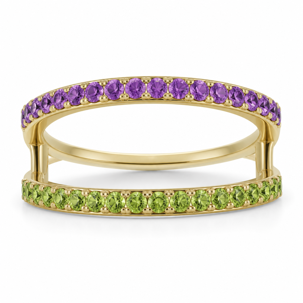 Create a split shank band with amethyst (top shank) and peridot (bottom shank) with enough space for an oval ring to slide in between
photorealistic jewelry design, Create a split shank band with amethyst (top shank) and peridot (bottom shank) with enough space for an oval ring to slide in between, just the design no text