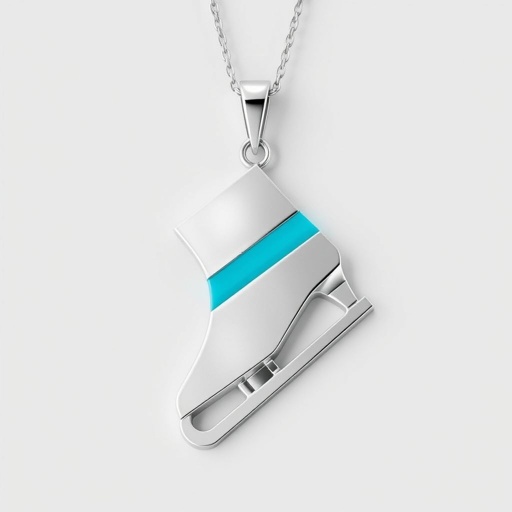 Silver Pendant shape one ice skate with turquoise stripe inside the low thin part blade