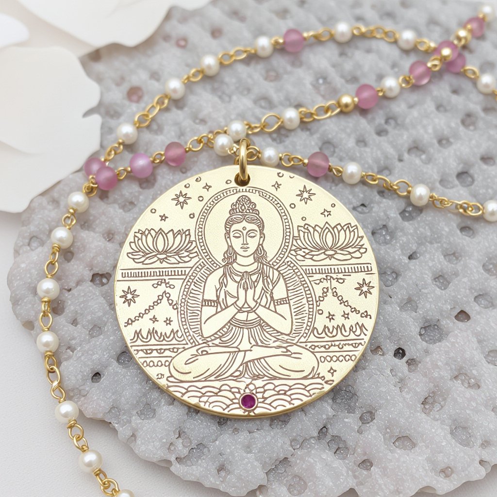 Кулон на длинной цепочке. Матовое светлое золото. В цепочке небольшие золотые шарики и розовые камушки и жемчуга. Кулон в форме неровного мятого круга. На круге изображена девушка с длинными волосами лица не видно в молитве и позе лотоса нечетко. Круг украшен лотосами звездами волнами узорами