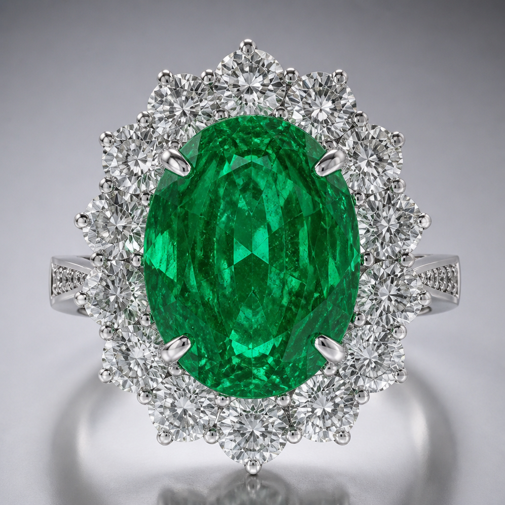 A women's ring. very large oval cut emerald in the center with many slightly smaller diamonds sourounding it
photorealistic jewelry design, A women's ring. very large oval cut emerald in the center with many slightly smaller diamonds sourounding it, modern style, just the design no text