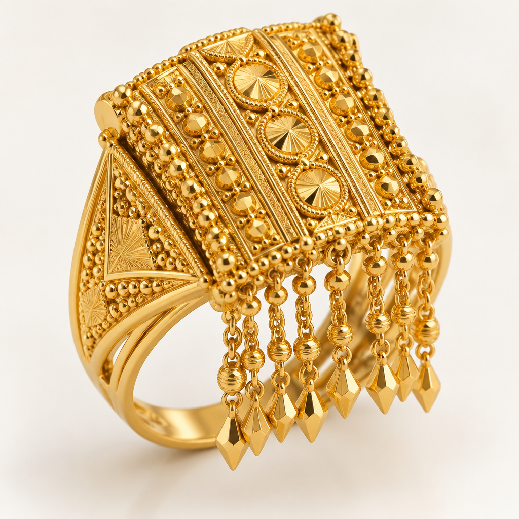 A women's ring. Redesign the attached authentic Emirati heritage gold jewellery piece
as a contemporary High Jewellery evolution.
CRITICAL RULE:
This original piece is a proven, strong UAE-market heritage design.
Do NOT replace or westernize it.
Preserve at least 70–80% of its recognizable original DNA.
Maximum design evolution: 20–30%.
FIRST understand and preserve:
• original silhouette
• proportions and architecture
• recognizable Emirati motifs
• structural layout
• chains and movement
• traditional repeating elements
• visual rhythm
• cultural identity
Then selectively introduce contemporary High Jewellery design thinking:
CARTIER — disciplined proportions, balance, timeless architectural clarity.
CHANEL HIGH JEWELLERY — refined softness, elegant rhythm and restraint.
BVLGARI — confident sculptural volume and powerful gold presence.
DIOR JOAILLERIE — graceful movement and sophisticated organic detailing.
LOUIS VUITTON HIGH JEWELLERY — intelligent contemporary geometry only where useful.
WALLACE CHAN — sculptural depth, engineering of light and dimensional gold surfaces.
SABYASACHI — cultural richness and modernization without losing local identity.
Do NOT copy any existing branded jewellery.
Synthesize these design principles into ONE coherent new Emirati design.
MATERIAL:
21K yellow gold appearance.
100% GOLD.
ZERO GEMSTONES.
IMPORTANT DESIGN LANGUAGE:
Gold itself must replace the visual function of gemstones.
Use:
• faceted polished gold
• satin vs mirror-polished contrast
• controlled raised relief
• sculptural dimensional surfaces
• refined granulation
• selective engraving
• intelligent light reflection
ORNAMENT RULE:
Avoid decorative congestion.
Avoid random arabesques.
Every motif must be immediately readable.
When appropriate use:
SOLID GOLD BACKGROUND + CLEAR RAISED ORNAMENT.
Leave quiet polished-gold areas around important motifs so reflected
light enhances their visibility.
WEIGHT & ENGINEERING:
Design as real manufacturable jewellery, not fantasy jewellery.
Consider:
• realistic casting
• structural strength
• comfortable thickness
• centre of gravity
• balanced weight distribution
• practical joints and connections
• natural movement
• polishing accessibility
• reduced unnecessary gold mass
Gold balls/beads must support the rhythm, NOT dominate the design.
Prefer elegant chains and structural elements over excessive heavy beads.
VISUAL HIERARCHY:
One clear HERO element.
Secondary motifs must support it.
Borders, beads, chains and engraving must never compete with the hero.
COMMERCIAL OBJECTIVE:
The Emirati customer should recognize the traditional jewellery type
immediately, but on closer inspection discover a noticeably more refined,
contemporary and luxurious design.
The customer reaction should be:
“This is unmistakably our Emirati gold —
but I have never seen it designed quite like this.”
Do not redesign for the sake of redesigning.
Change only what genuinely improves beauty, craftsmanship,
wearability and commercial desirability.
OUTPUT:
Generate ONE jewellery design only.
Front three-quarter product view.
Clean warm-white studio background.
No model.
No hands.
No presentation board.
No text.
No logos.
No comparison layout.
Ultra-realistic professional jewellery photography.
Extremely sharp macro gold details.
Realistic 21K yellow-gold tone.
Accurate reflections and shadows.
Manufacturable construction.
High Jewellery finish.
photorealistic jewelry design, A women's ring. Redesign the attached authentic Emirati heritage gold jewellery piece
as a contemporary High Jewellery evolution.
CRITICAL RULE:
This original piece is a proven, strong UAE-market heritage design.
Do NOT replace or westernize it.
Preserve at least 70–80% of its recognizable original DNA.
Maximum design evolution: 20–30%.
FIRST understand and preserve:
• original silhouette
• proportions and architecture
• recognizable Emirati motifs
• structural layout
• chains and movement
• traditional repeating elements
• visual rhythm
• cultural identity
Then selectively introduce contemporary High Jewellery design thinking:
CARTIER — disciplined proportions, balance, timeless architectural clarity.
CHANEL HIGH JEWELLERY — refined softness, elegant rhythm and restraint.
BVLGARI — confident sculptural volume and powerful gold presence.
DIOR JOAILLERIE — graceful movement and sophisticated organic detailing.
LOUIS VUITTON HIGH JEWELLERY — intelligent contemporary geometry only where useful.
WALLACE CHAN — sculptural depth, engineering of light and dimensional gold surfaces.
SABYASACHI — cultural richness and modernization without losing local identity.
Do NOT copy any existing branded jewellery.
Synthesize these design principles into ONE coherent new Emirati design.
MATERIAL:
21K yellow gold appearance.
100% GOLD.
ZERO GEMSTONES.
IMPORTANT DESIGN LANGUAGE:
Gold itself must replace the visual function of gemstones.
Use:
• faceted polished gold
• satin vs mirror-polished contrast
• controlled raised relief
• sculptural dimensional surfaces
• refined granulation
• selective engraving
• intelligent light reflection
ORNAMENT RULE:
Avoid decorative congestion.
Avoid random arabesques.
Every motif must be immediately readable.
When appropriate use:
SOLID GOLD BACKGROUND + CLEAR RAISED ORNAMENT.
Leave quiet polished-gold areas around important motifs so reflected
light enhances their visibility.
WEIGHT & ENGINEERING:
Design as real manufacturable jewellery, not fantasy jewellery.
Consider:
• realistic casting
• structural strength
• comfortable thickness
• centre of gravity
• balanced weight distribution
• practical joints and connections
• natural movement
• polishing accessibility
• reduced unnecessary gold mass
Gold balls/beads must support the rhythm, NOT dominate the design.
Prefer elegant chains and structural elements over excessive heavy beads.
VISUAL HIERARCHY:
One clear HERO element.
Secondary motifs must support it.
Borders, beads, chains and engraving must never compete with the hero.
COMMERCIAL OBJECTIVE:
The Emirati customer should recognize the traditional jewellery type
immediately, but on closer inspection discover a noticeably more refined,
contemporary and luxurious design.
The customer reaction should be:
“This is unmistakably our Emirati gold —
but I have never seen it designed quite like this.”
Do not redesign for the sake of redesigning.
Change only what genuinely improves beauty, craftsmanship,
wearability and commercial desirability.
OUTPUT:
Generate ONE jewellery design only.
Front three-quarter product view.
Clean warm-white studio background.
No model.
No hands.
No presentation board.
No text.
No logos.
No comparison layout.
Ultra-realistic professional jewellery photography.
Extremely sharp macro gold details.
Realistic 21K yellow-gold tone.
Accurate reflections and shadows.
Manufacturable construction.
High Jewellery finish., modern style, just the design no text