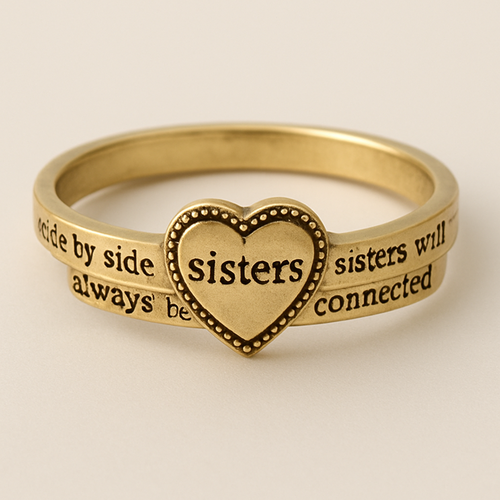 Ring for sisters with the qoute ( side by side or mile apart sisters will always be connected at heart )  simple elegant and gold ring 
