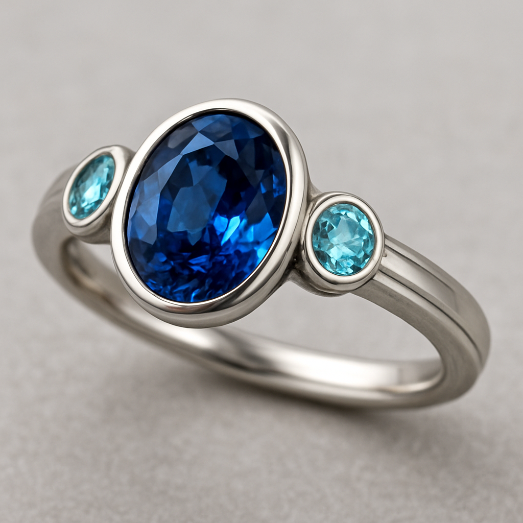 Oval sapphire silver ring with round aqua topaz accent stones