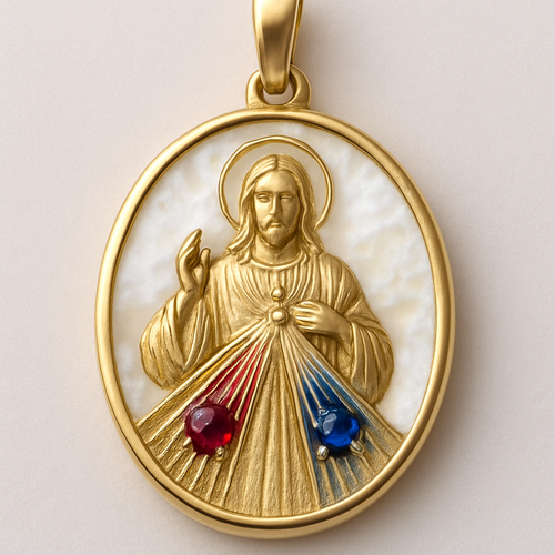Divine mercy of Jesus dog tag pendant with a mother of pearl background and ruby coming from one side and blue sapphire on the other