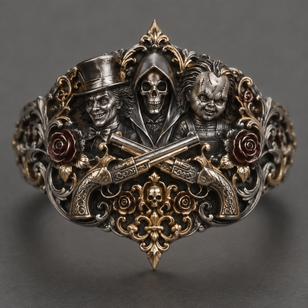 A victorian women's ring made of mixed metal suitable for daily wear, detailed and decorative, moderately ornate. madhatter a reaper and Chucky and 2 pistols crossing
photorealistic jewelry design, A victorian women's ring made of mixed metal suitable for daily wear, detailed and decorative, moderately ornate. madhatter a reaper and Chucky and 2 pistols crossing, victorian style, just the design no text