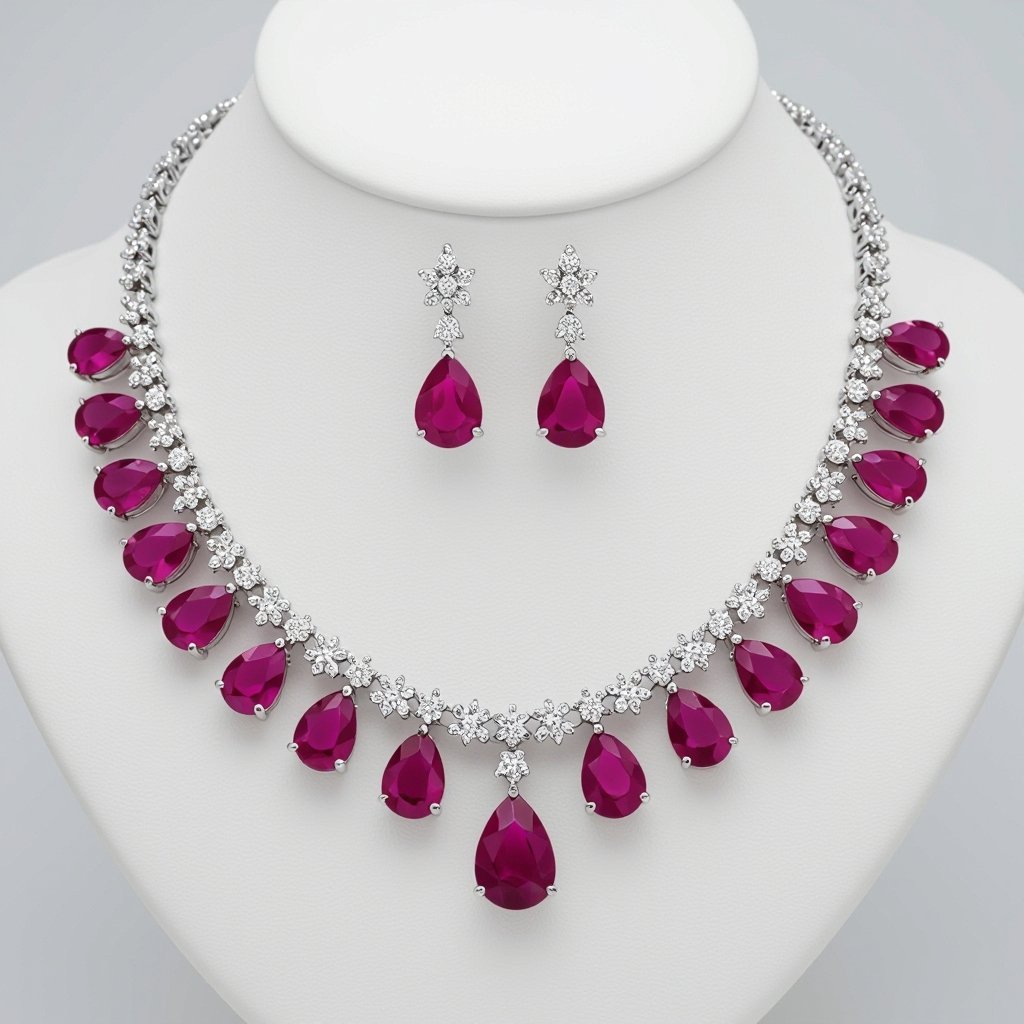 Ruby luxury necklace long pear drop style and luxury earring set Platinum necklace, ruby pear drops, diamond accents, prong setting. Matching platinum earrings, ruby pear drops, diamond accents, prong setting.