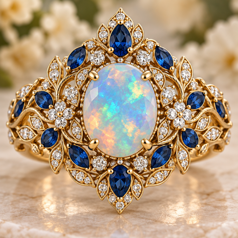 A nature-inspired women's ring made of gold with sapphire and opal and diamond stones, highly ornate, intricate and elaborate, richly detailed
using the attached image as a visual reference, create A nature-inspired women's ring made of gold with sapphire and opal and diamond stones, highly ornate, intricate and elaborate, richly detailed. photorealistic, just the design no text