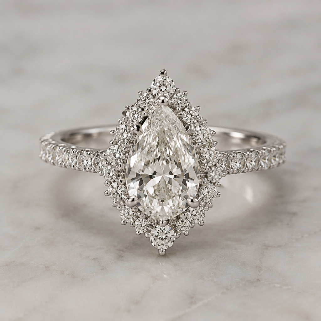 A women's ring. create a engagement ring with small tear shap dimonds in the middle and more dimonds around it
photorealistic jewelry design, A women's ring. create a engagement ring with small tear shap dimonds in the middle and more dimonds around it, modern style, just the design no text