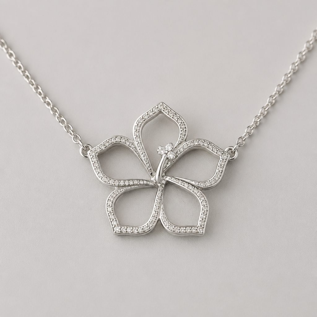 A women's necklace made of silver. hibicus ligne fine, (diamand poutours des petales vide, toutes les petales) et delicat ,3 tres petit diamand dans le milieu au bout de la tige interieur de la fleur vide, plus detail, 5 petales chaine de chaque coté, tige qui ne depasse la fleur, minimaliste
photorealistic jewelry design, A women's necklace made of silver. hibicus ligne fine, (diamand poutours des petales vide, toutes les petales) et delicat ,3 tres petit diamand dans le milieu au bout de la tige interieur de la fleur vide, plus detail, 5 petales chaine de chaque coté, tige qui ne depasse la fleur, minimaliste, modern style, just the design no text