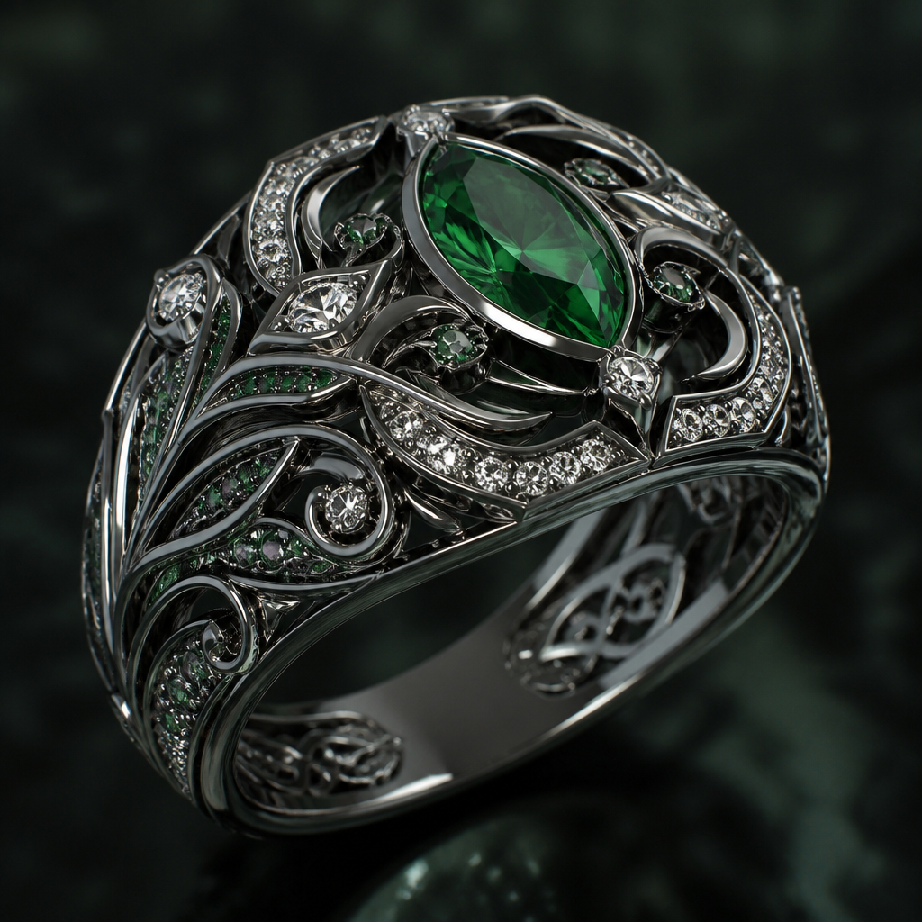 A men's ring, highly ornate, intricate and elaborate, richly detailed. эльфийский стиль с зелёными и белыми камнями,
photorealistic jewelry design, A men's ring, highly ornate, intricate and elaborate, richly detailed. эльфийский стиль с зелёными и белыми камнями,, modern style, just the design no text