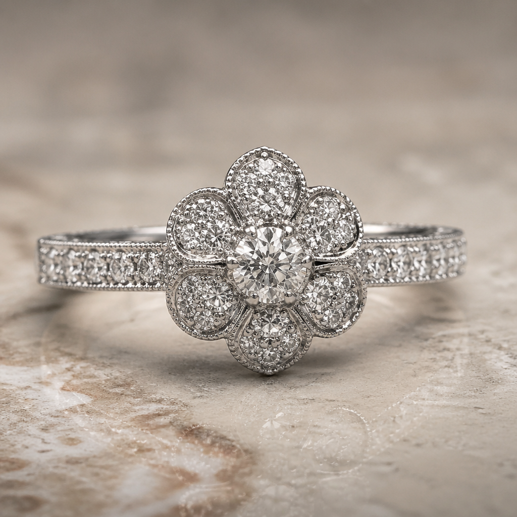. Refinement: make it a single flower... and the rest of the ring covered in diamond
photorealistic jewelry design, . Refinement: make it a single flower... and the rest of the ring covered in diamond, Vintage style, just the design no text
