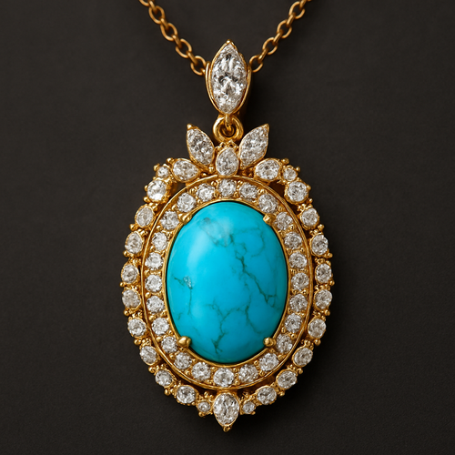 oval turquise pendant usingg pear marquise round diamond